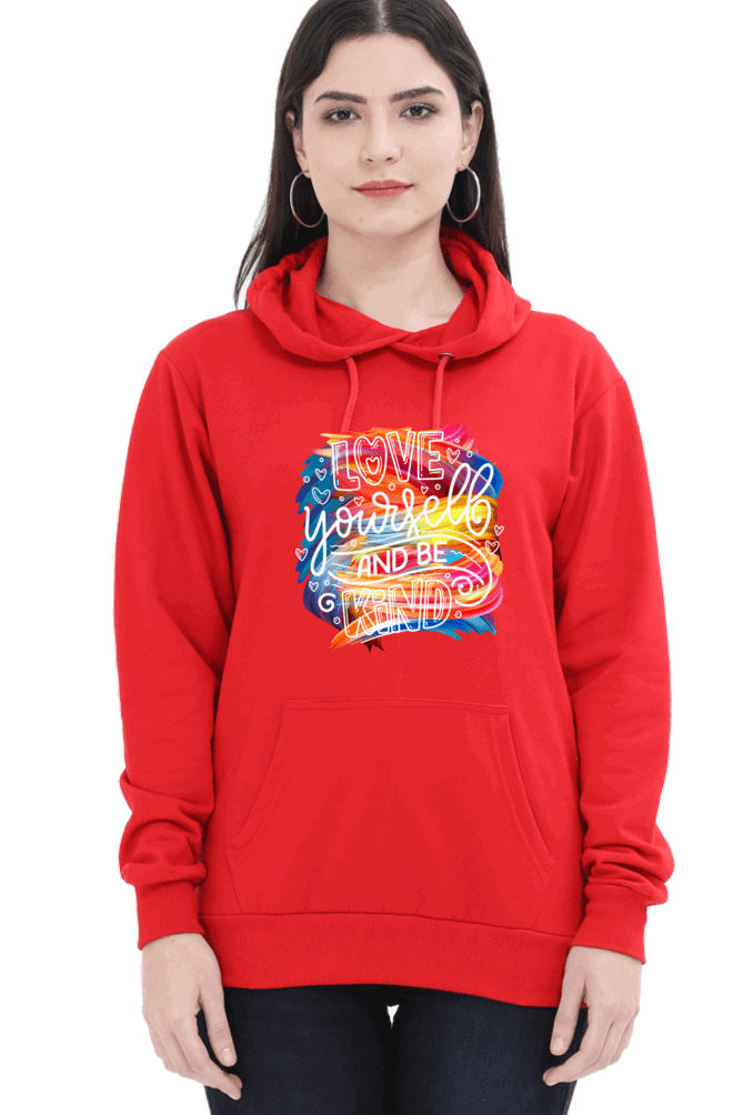 "Love Yourself and Be Kind" Hooded Sweatshirt for Girls and Women Red