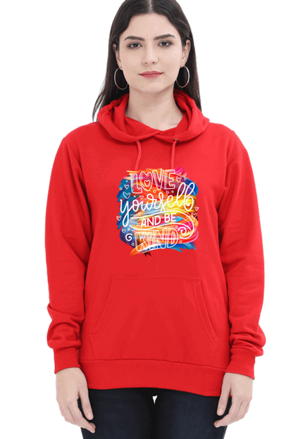 "Love Yourself and Be Kind" Hooded Sweatshirt for Girls and Women Red