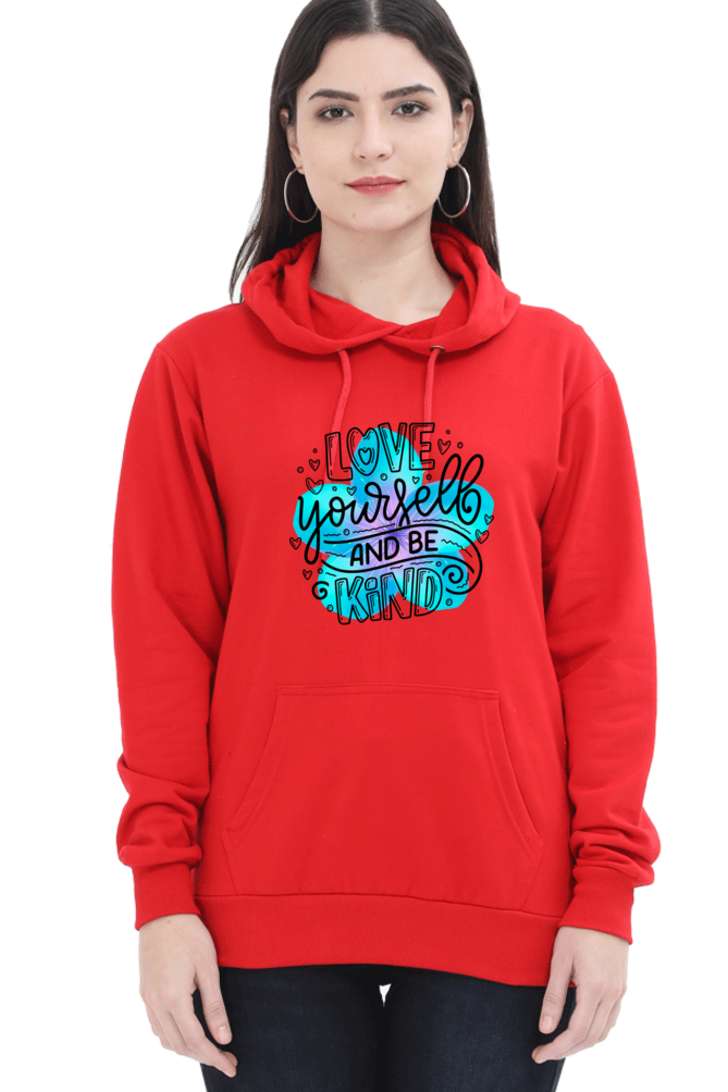 Love Yourself and Be Kind" Hooded Sweatshirt for Girls and Women Red