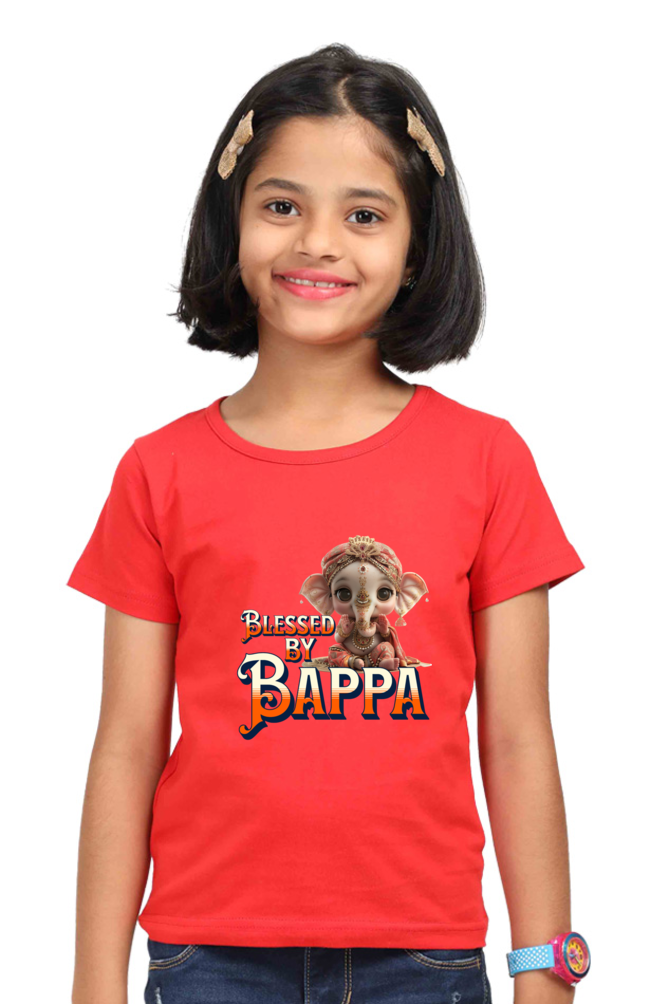 Blessed By Bappa Ganesh Chaturthi Girl's T Shirts Red