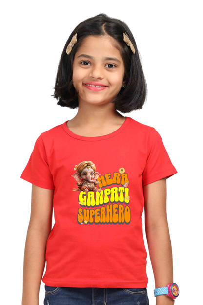 Mera Ganpati Superhero Ganesh Chaturthi Girl's T Shirts Red