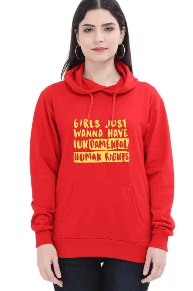 "Girls Just Want to Have Fun-da-mental Human Rights" Hooded Sweatshirt for Girls and Women Red