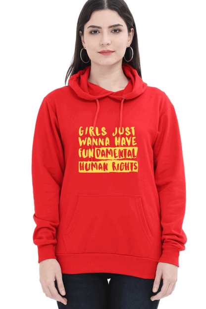 "Girls Just Want to Have Fun-da-mental Human Rights" Hooded Sweatshirt for Girls and Women Red