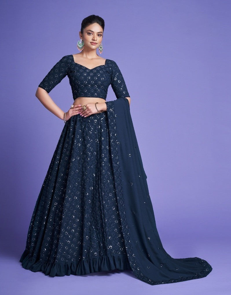 Teal Blue Diamond Georgette Thread Worked Lehenga