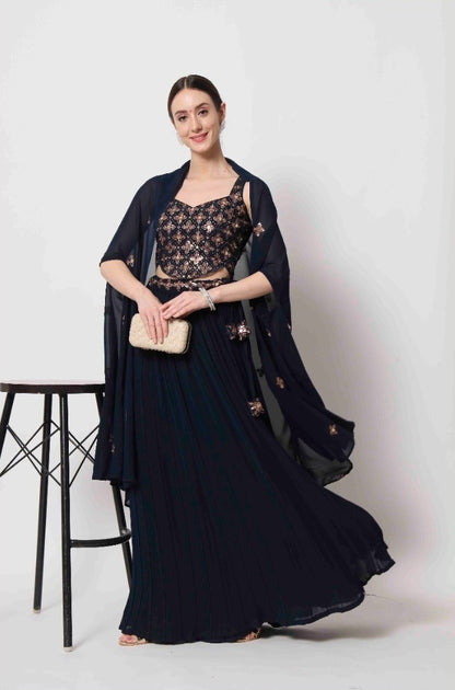 Navy Blue Crush Pattern Party Wear Lehenga