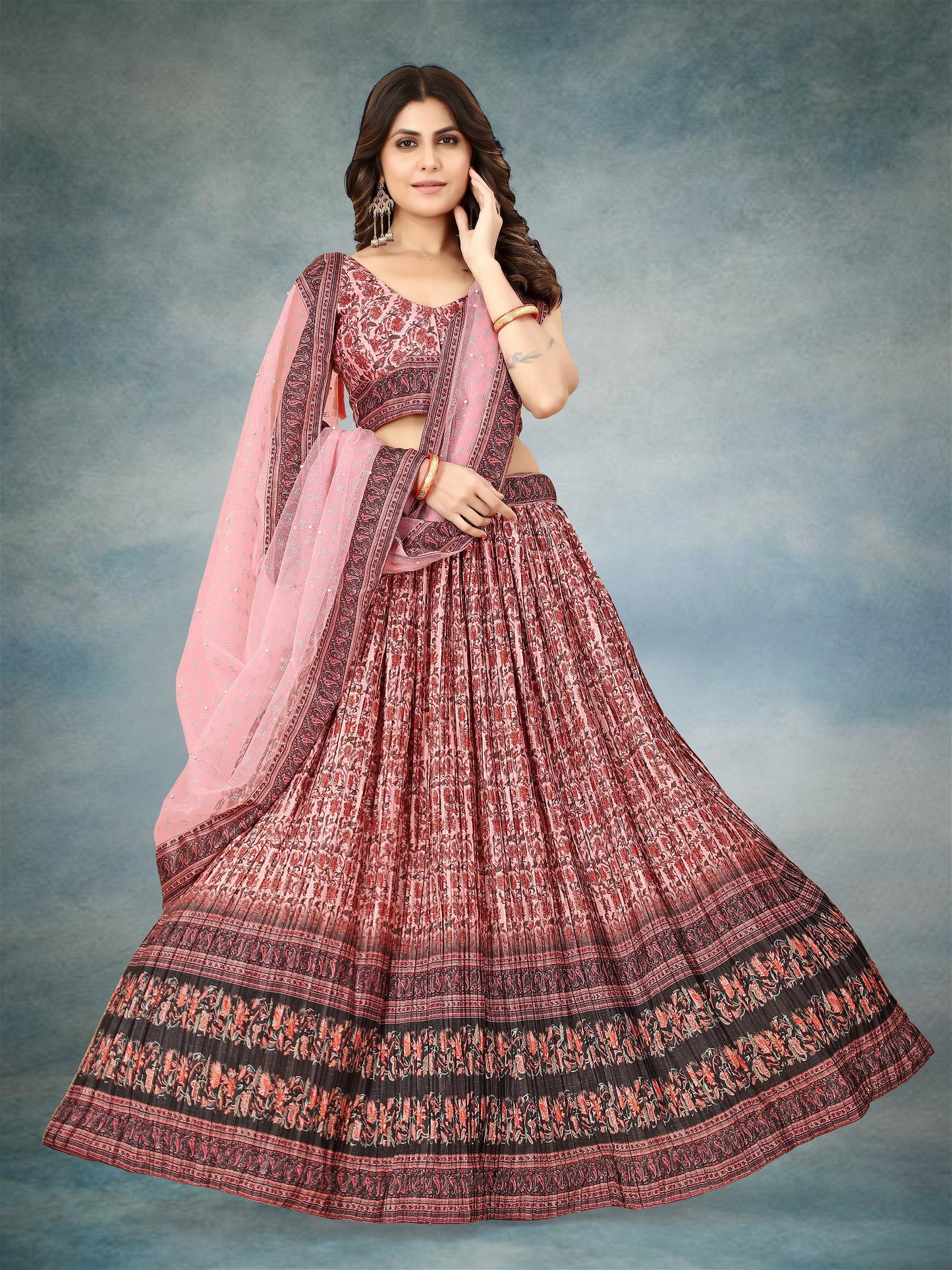 Pink Digital Printed Crape Pleated Lehenga Choli For Women