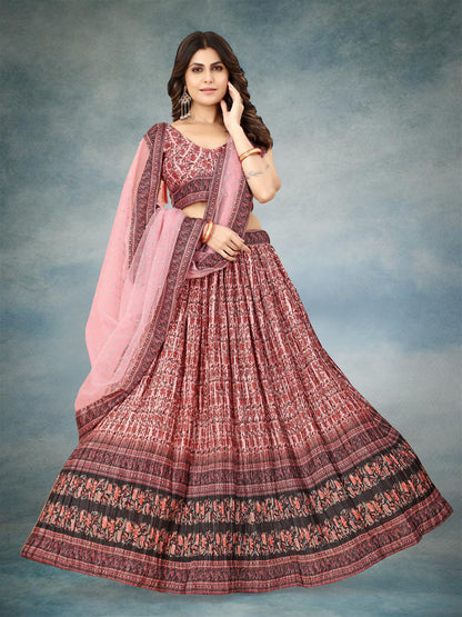 Pink Digital Printed Crape Pleated Lehenga Choli For Women