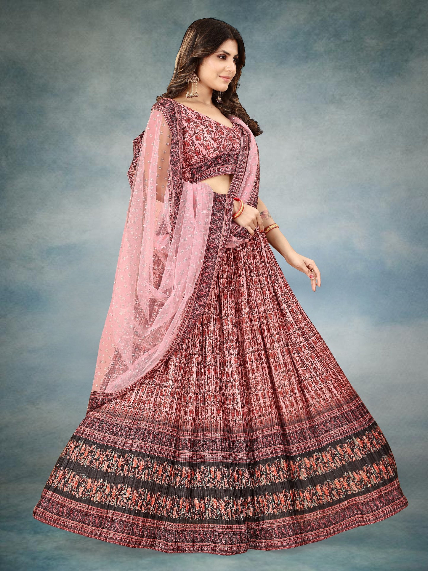 Pink Digital Printed Crape Pleated Lehenga Choli For Women