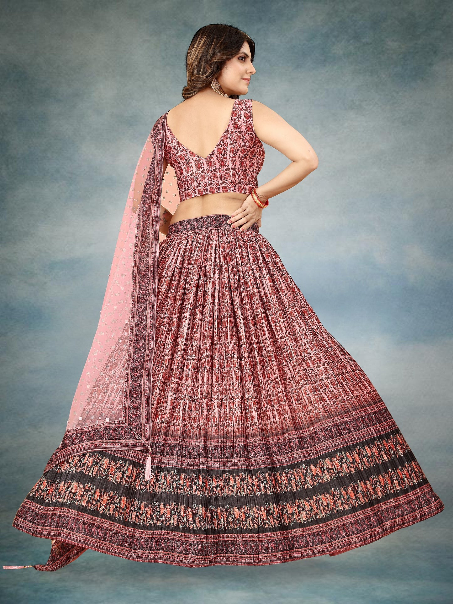 Pink Digital Printed Crape Pleated Lehenga Choli For Women