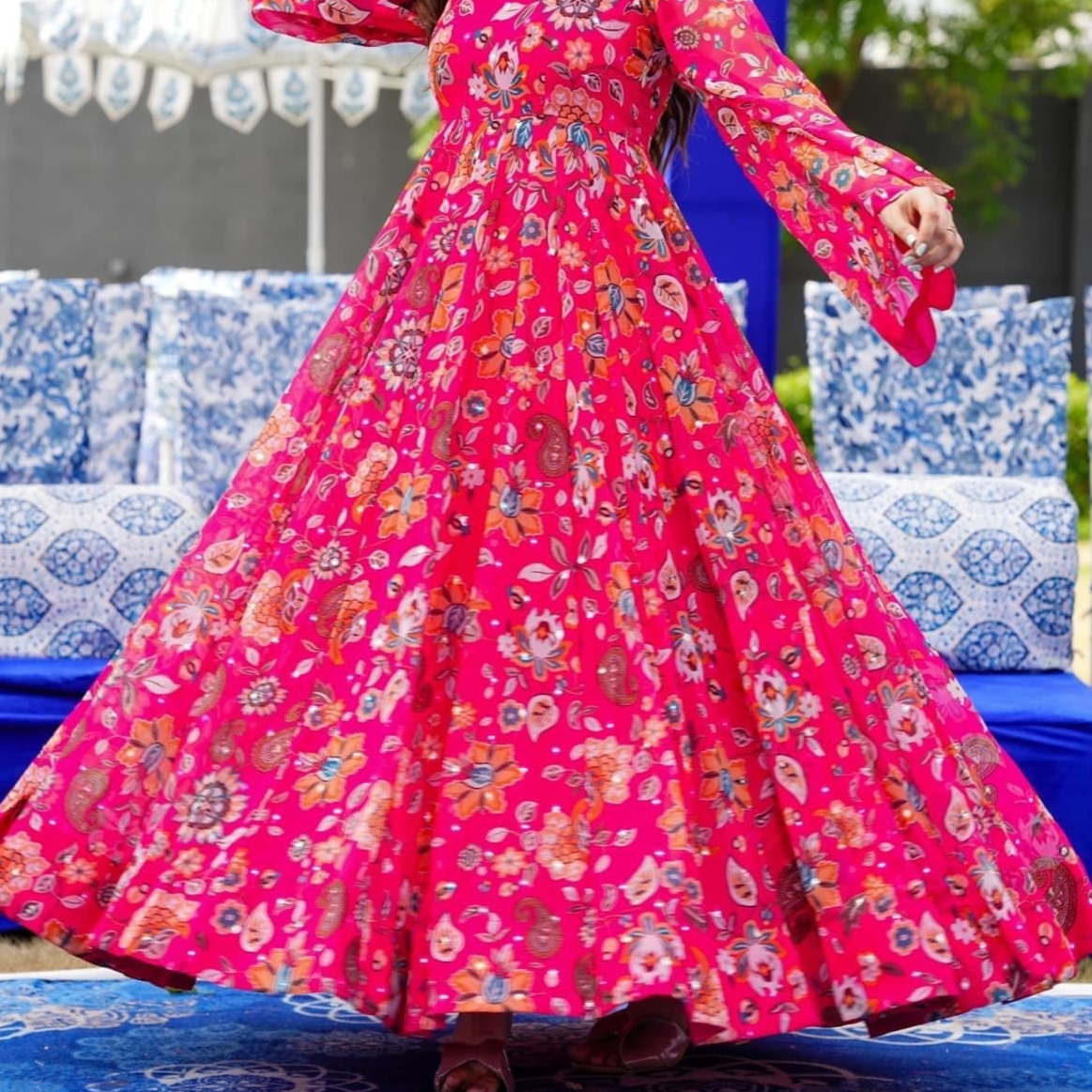 Pink Floral Designer and Stylish Full Flair Gown For Women