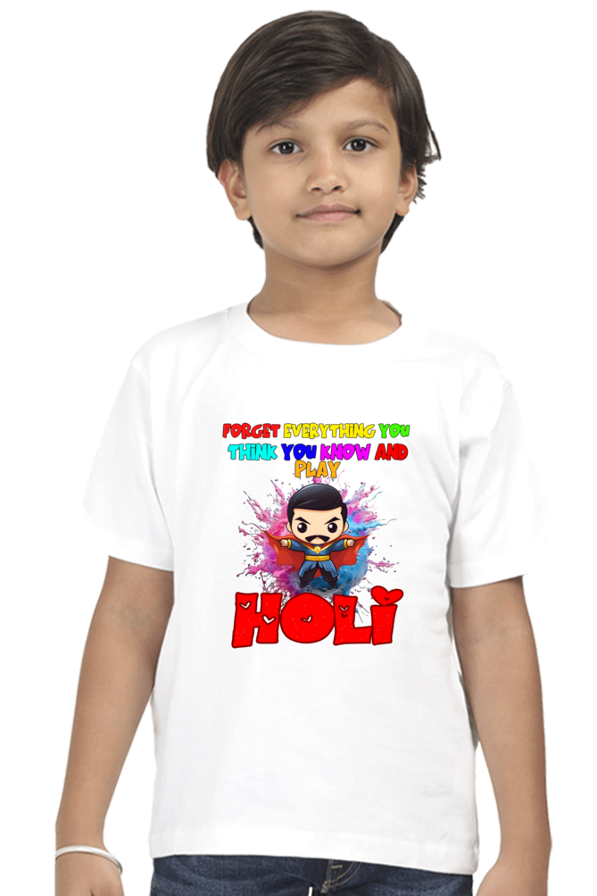 Forget Everything and Play Holi: Boys' Kid Tee with Sorcerer White