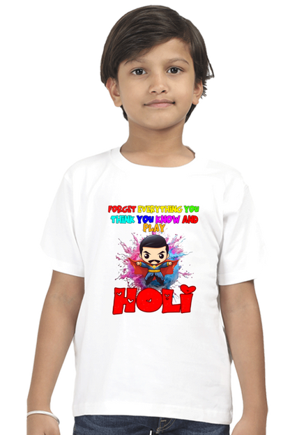 Forget Everything and Play Holi: Boys' Kid Tee with Sorcerer White