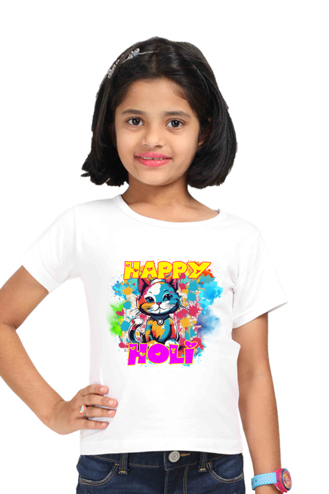 Happy Holi: Colorful Cute Cat Girls' T-shirt White