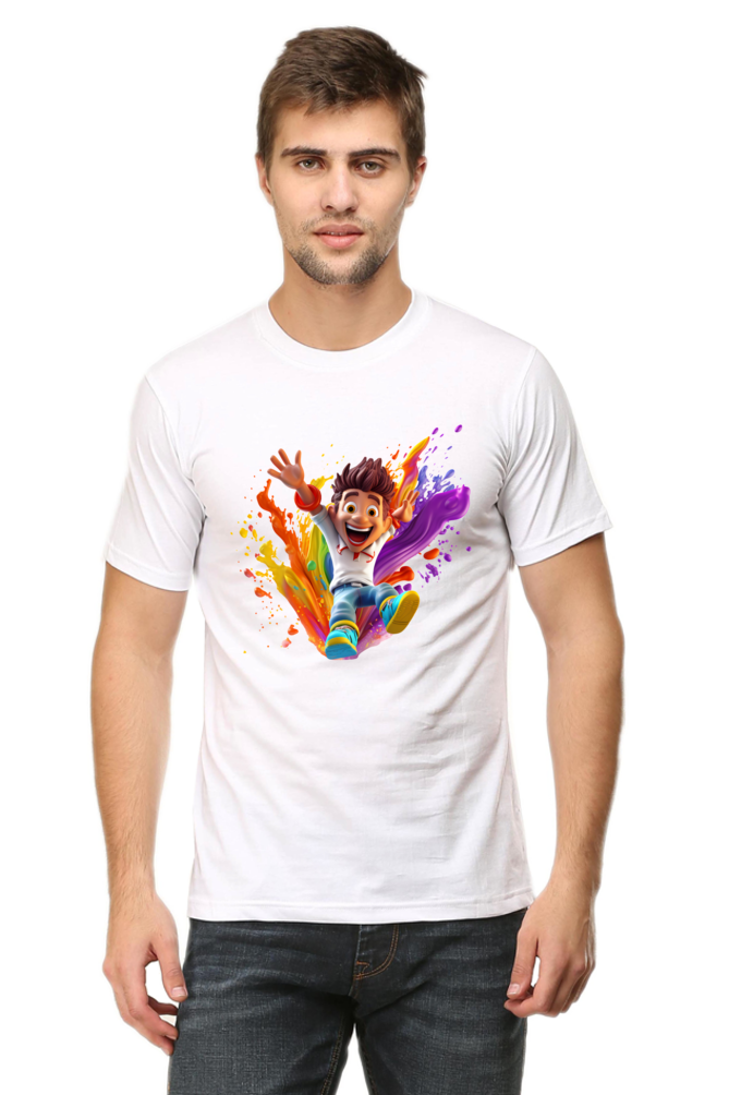 Holi Splash: Joyful Jump with Colorful Boy White