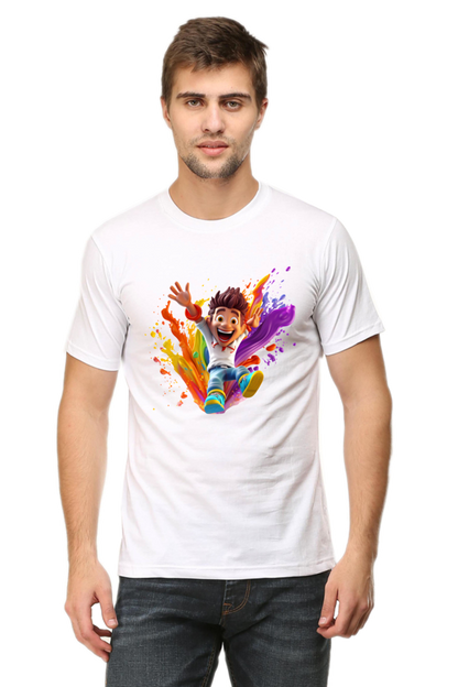 Holi Splash: Joyful Jump with Colorful Boy White