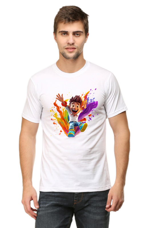 Holi Splash: Joyful Jump with Colorful Boy White