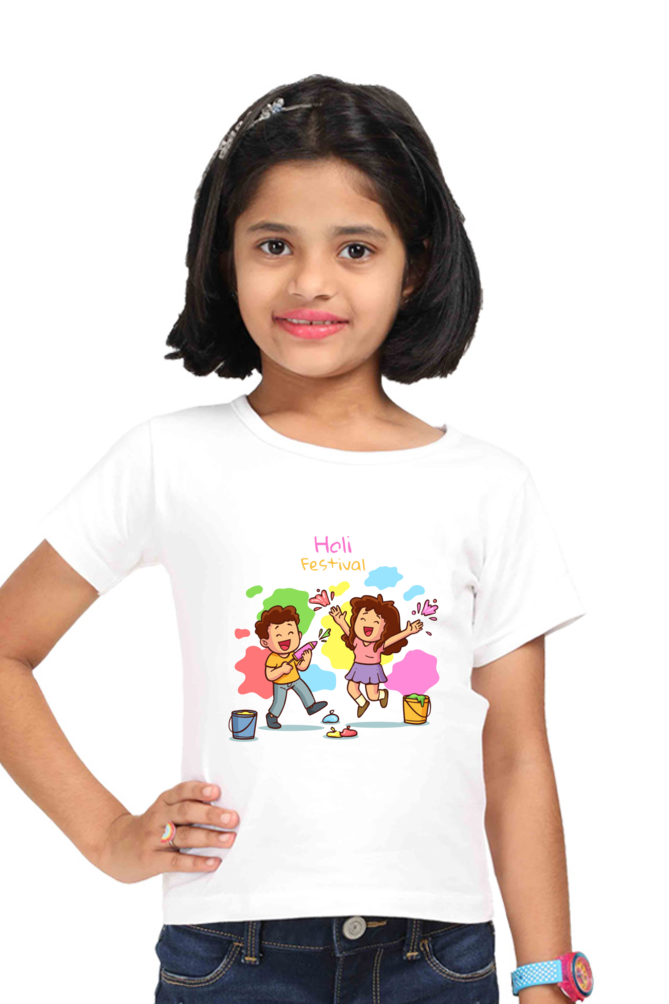 Holi Festive Fun: Girls' Tee with Boy-Girl Pichkari Play White