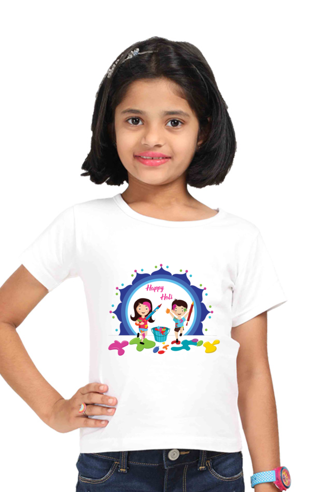 Happy Holi Halo: Boy-Girl Play Girls' Tee White