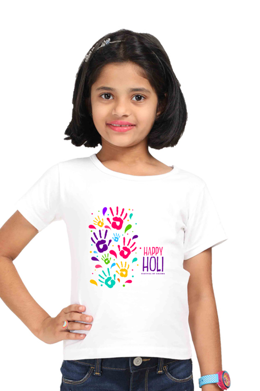 Happy Holi Hand Stamps: Girls' Tshirt White