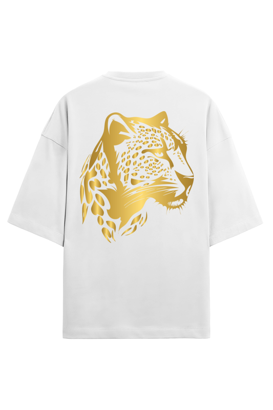 Golden Cheetah Face Print Men's Oversized T Shirts White