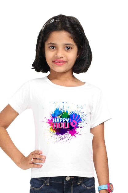 Happy Holi Colored Hand Stamp Girls T Shirt White