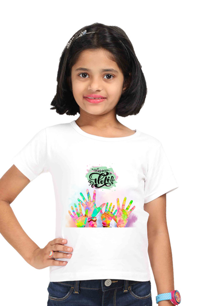 Happy Holi Hand Stamps: Girls' Tee White