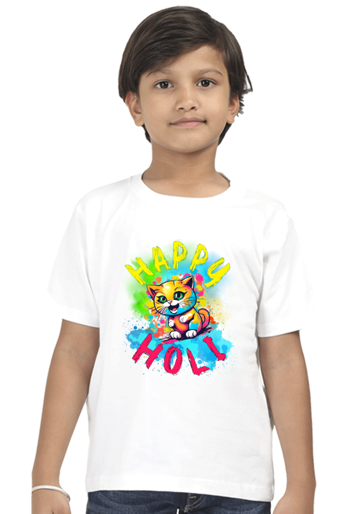 Happy Holi Cat: Boys' Kid Tee White