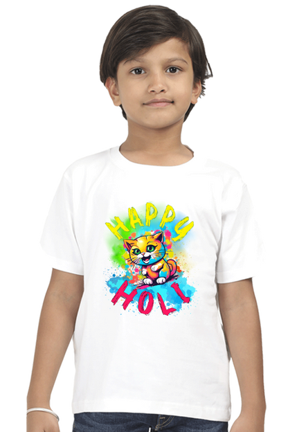 Happy Holi Cat: Boys' Kid Tee White