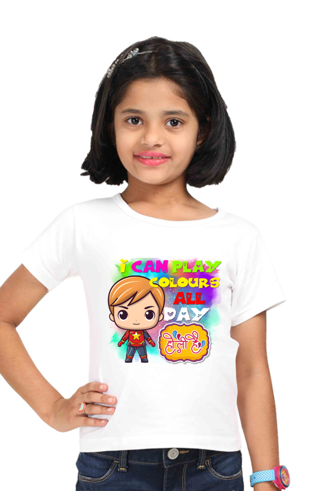 I Can Play Colors All Day: Colorful Girl Captain's Happy Holi T Shirt White