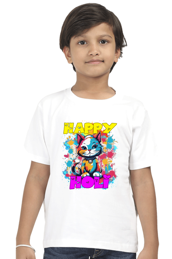 Happy Holi Cat Boys T Shirt White