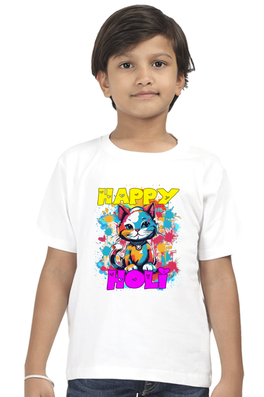 Happy Holi Cat Boys T Shirt White