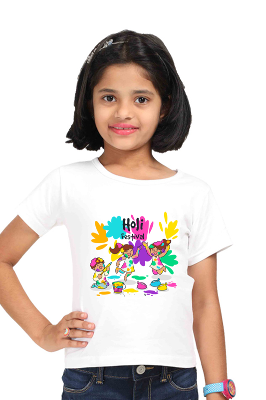 Holi Celebration Trio: Girls' Tee with Boy-Girl Pichkari Play White