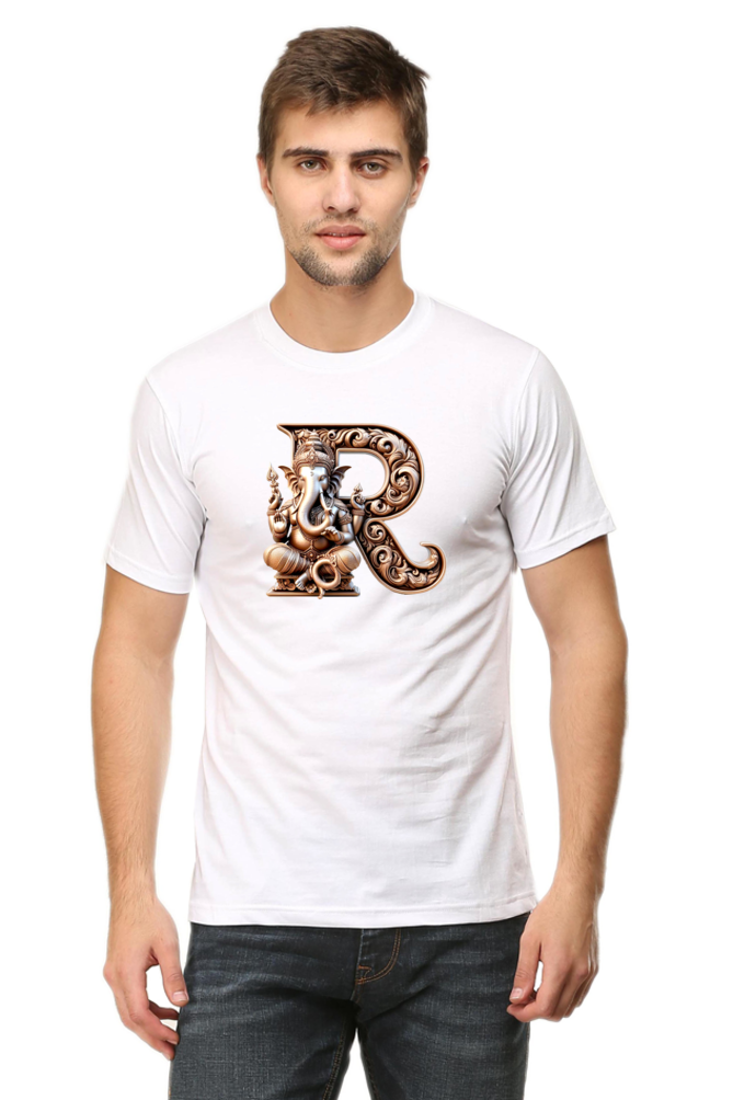 Stylish R Alphabet Ganesh Chaturthi Mens Tshirts White