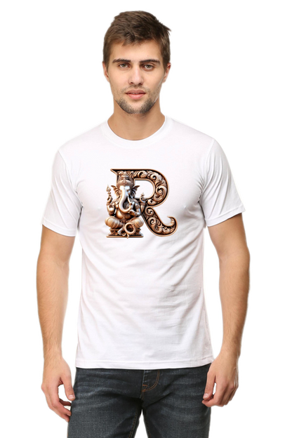 Stylish R Alphabet Ganesh Chaturthi Mens Tshirts White