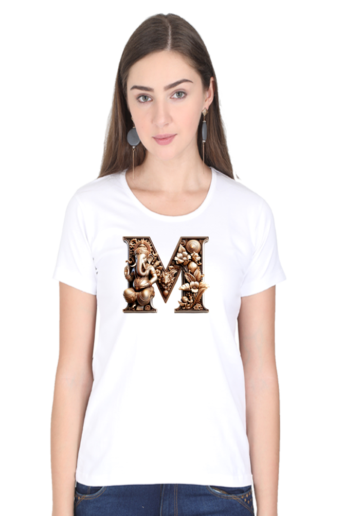 Stylish M Alphabet Ganesh Chaturthi Women T Shirts White