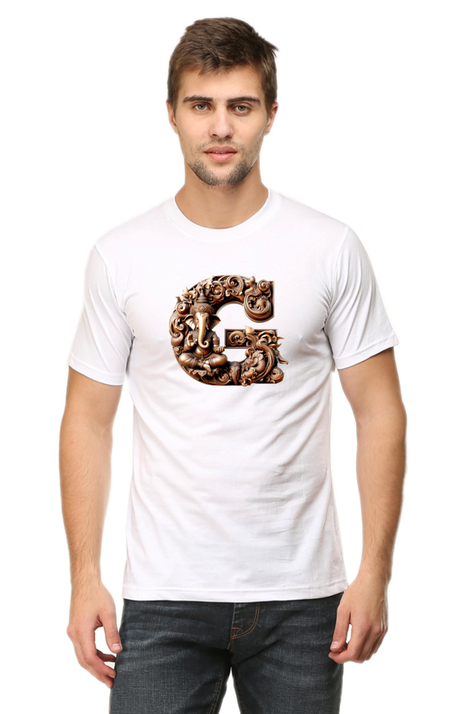 Stylish G Alphabet Ganesh Chaturthi Mens Tshirts White