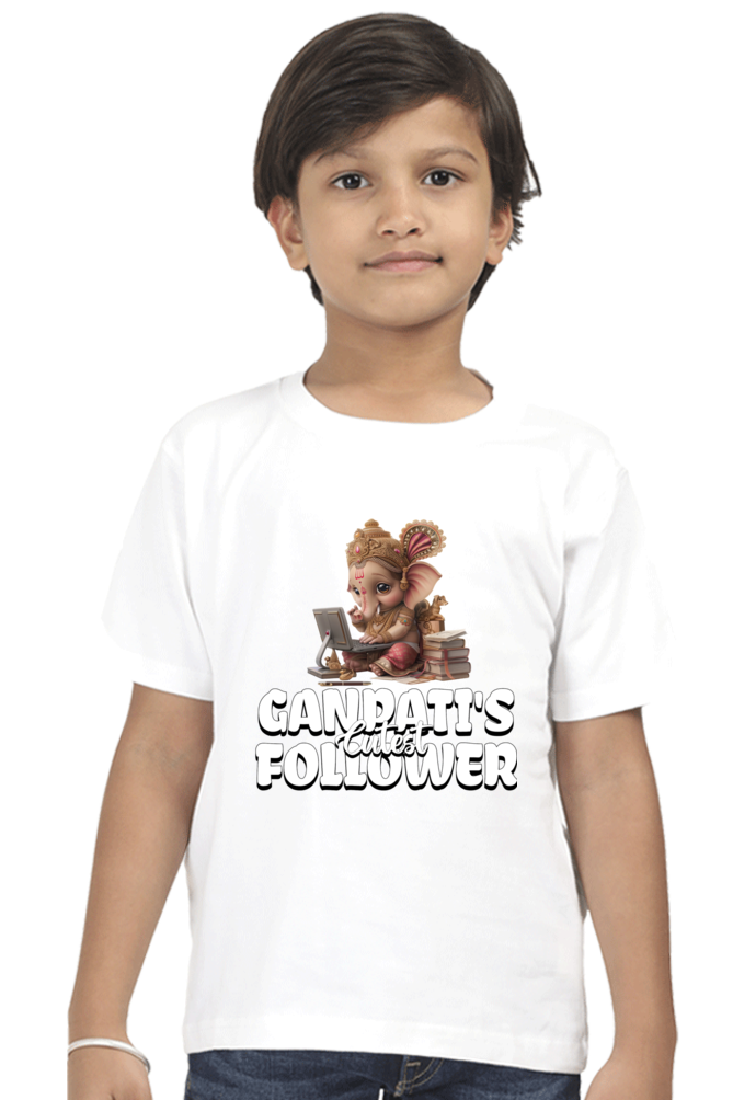 Ganpati's Cutest Follower Ganesh Chaturthi Boy's T Shirts White