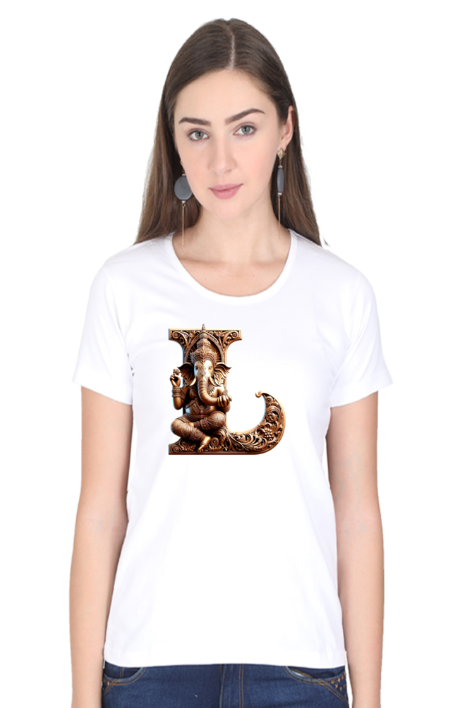 Stylish L Alphabet Ganesh Chaturthi Women T Shirts White