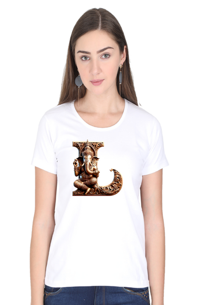 Stylish L Alphabet Ganesh Chaturthi Women T Shirts White