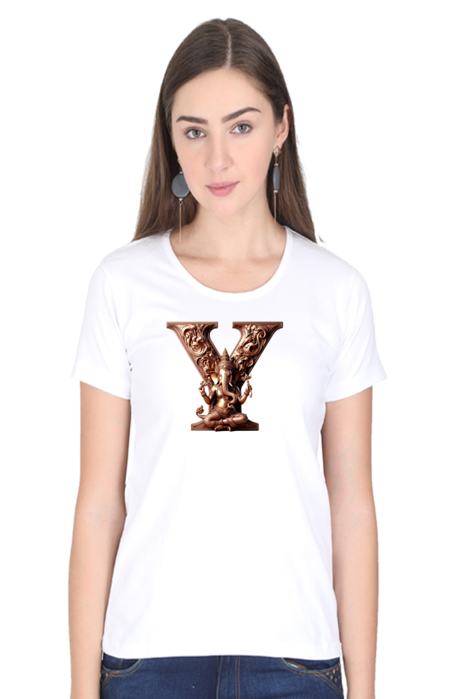 Stylish Y Alphabet Ganesh Chaturthi Women T Shirts White