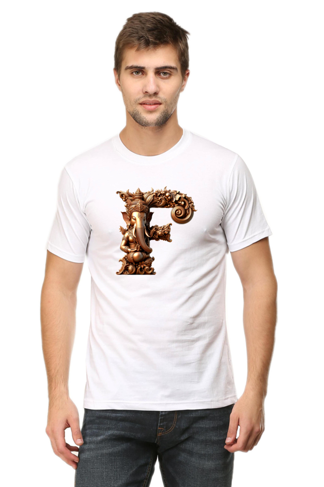 Stylish F Alphabet Ganesh Chaturthi Mens Tshirts White