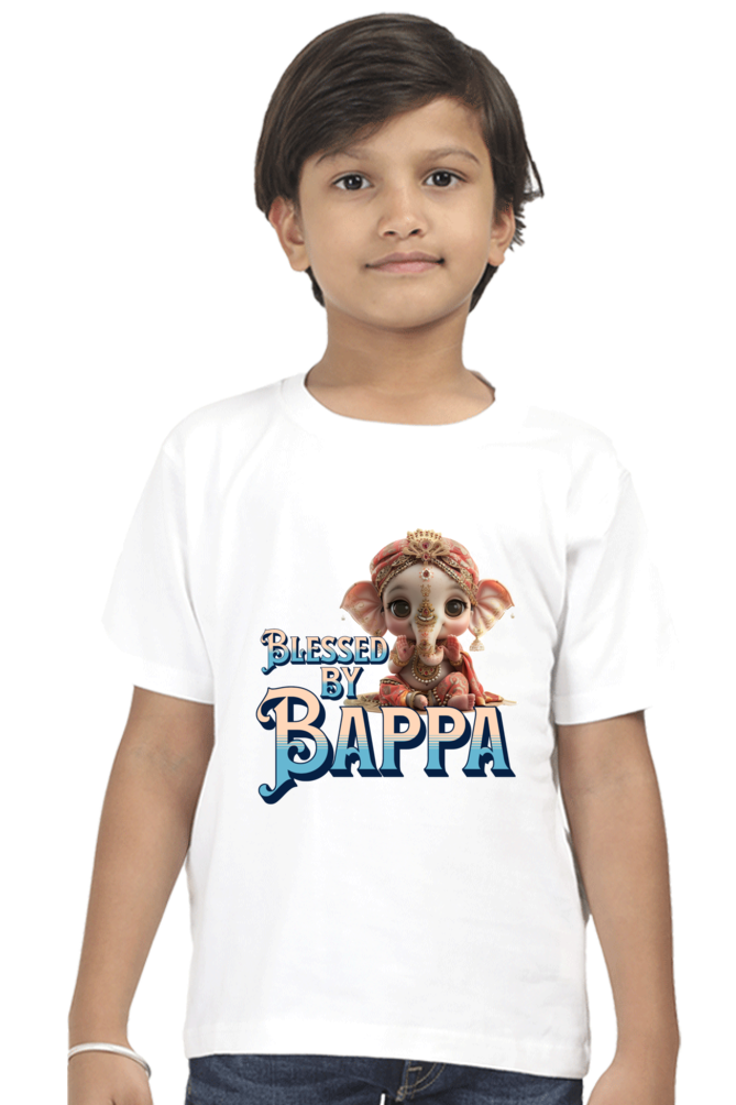 Blessed By Bappa Ganesh Chaturthi Boy's T Shirts White