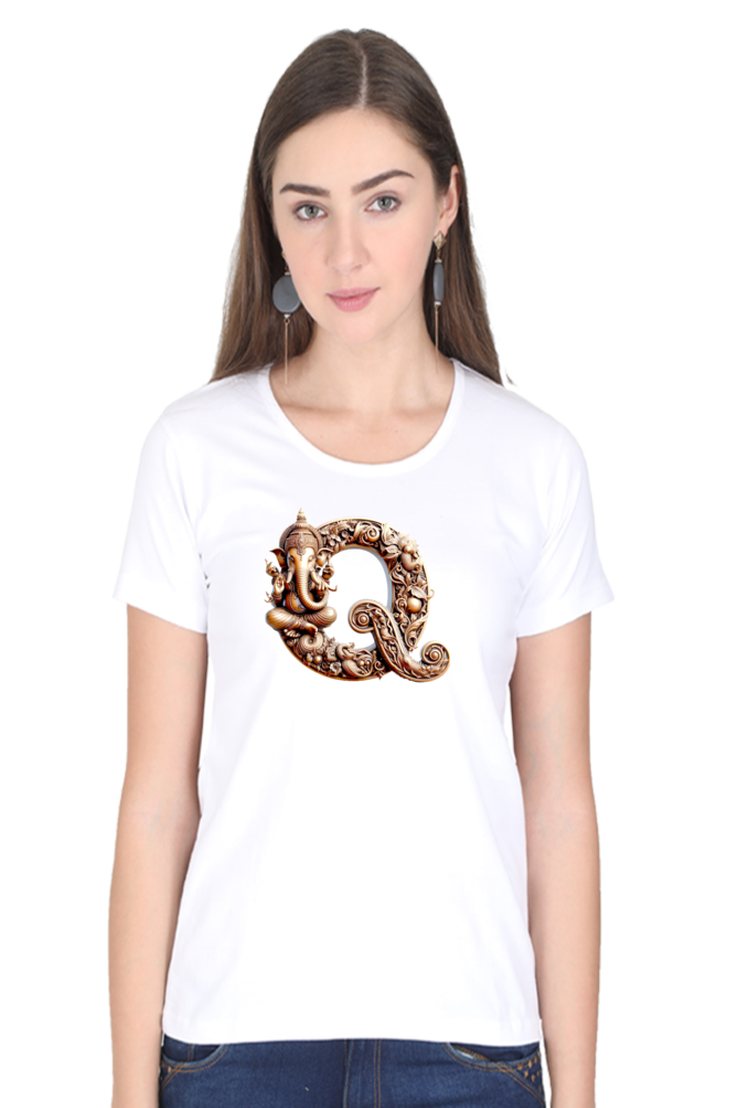 Stylish Q Alphabet Ganesh Chaturthi Women T Shirts White