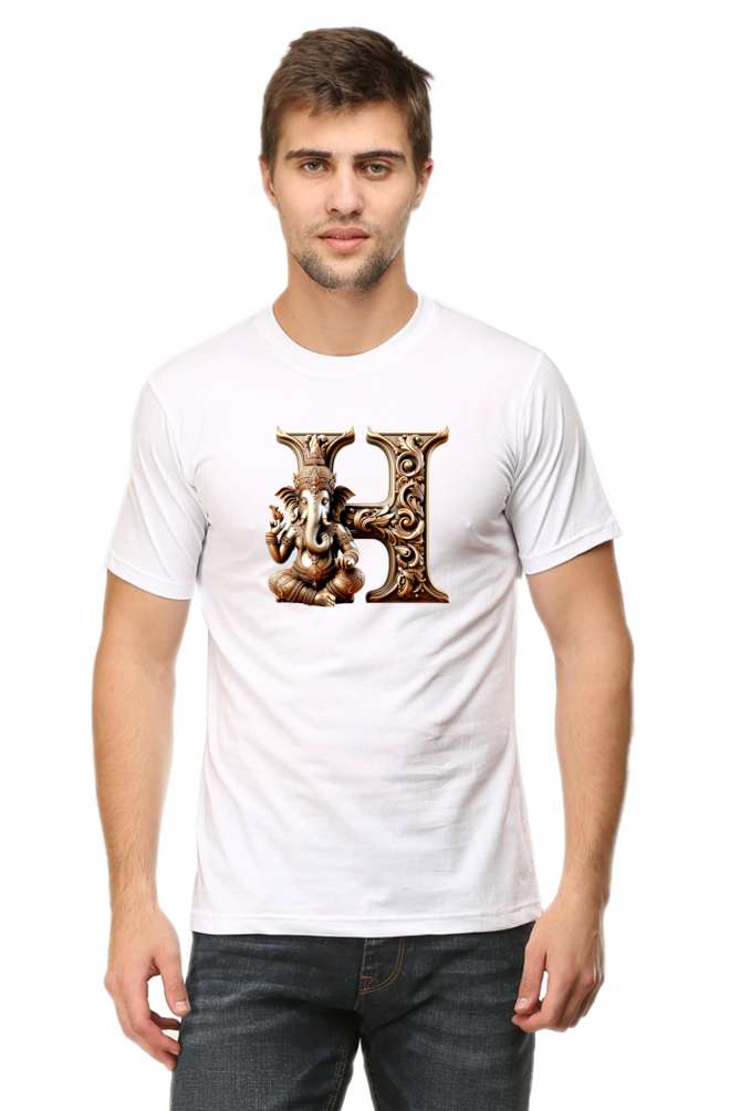 Stylish H Alphabet Ganesh Chaturthi Mens Tshirts White