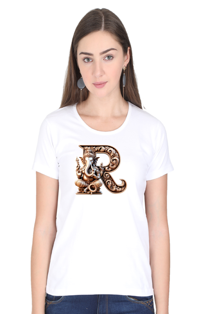 Stylish R Alphabet Ganesh Chaturthi Women T Shirts White