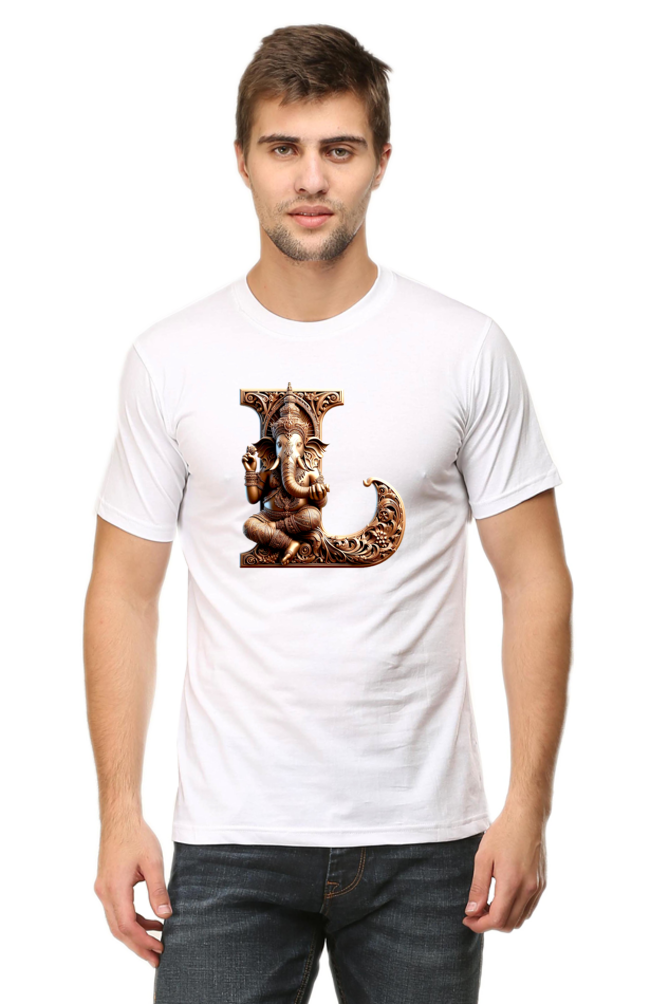 Stylish L Alphabet Ganesh Chaturthi Mens Tshirts White