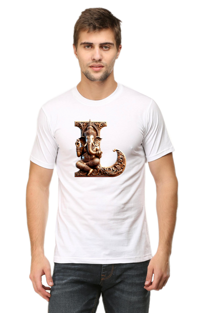 Stylish L Alphabet Ganesh Chaturthi Mens Tshirts White