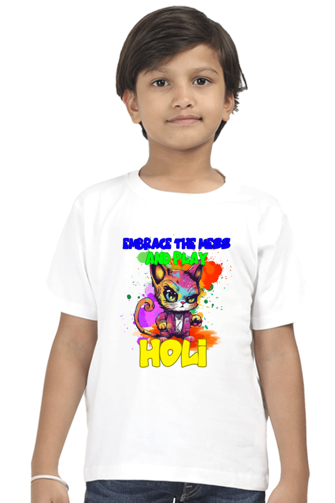 Embrace the Mess and Play Holi: Boys Holi T shirt White