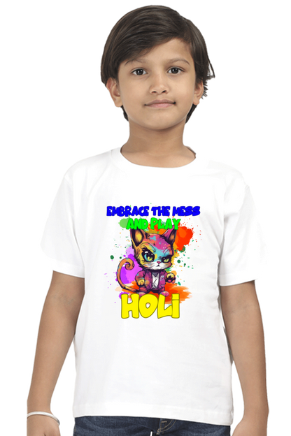 Embrace the Mess and Play Holi: Boys Holi T shirt White