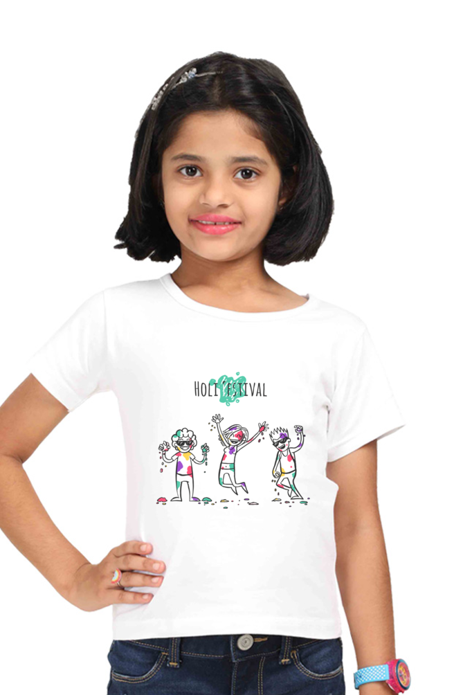 Holi Joy: Cartoon Figures Dancing Girls' Tee White